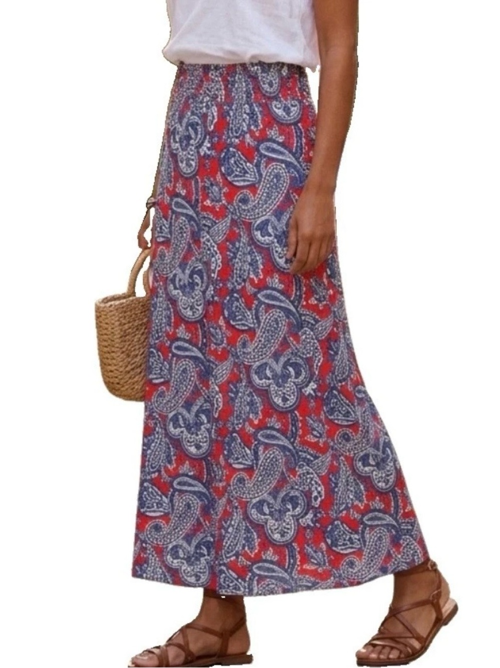 Artisan NY Women's Paisley Maxi Skirt Red Blue White Smocked Waist‎ Boho Size M